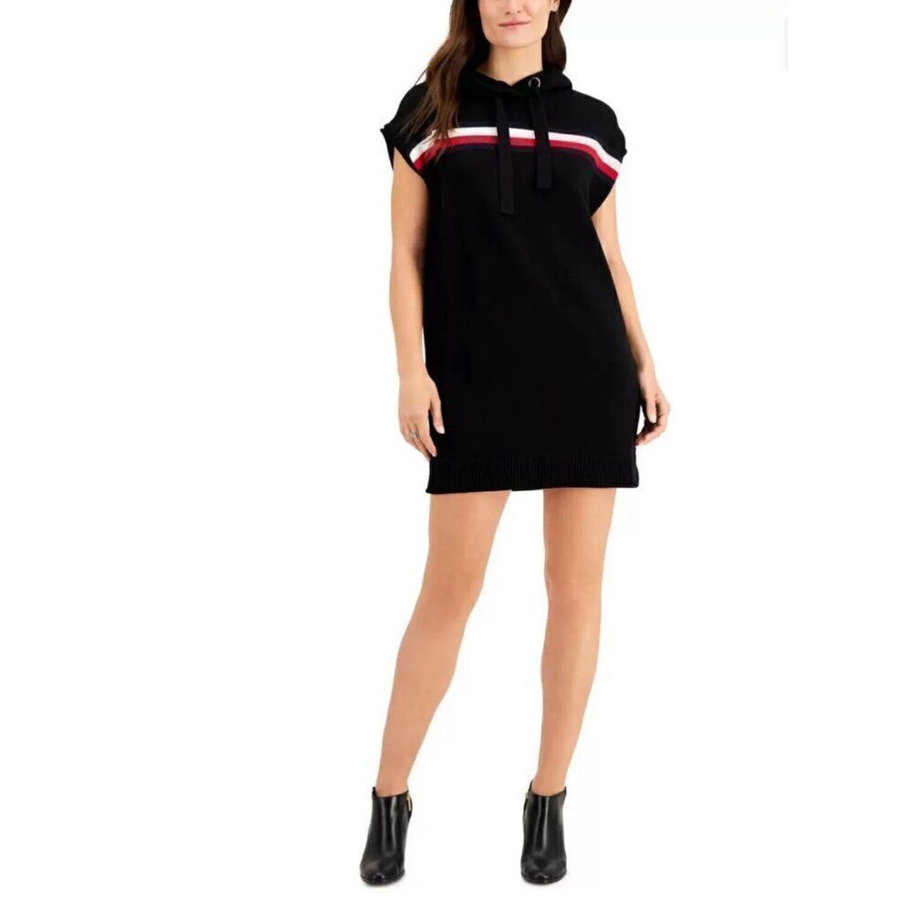 Tommy Hilfiger Women Black Stripe Sleeveless Hoodie Sweater Dress Size XL NWT